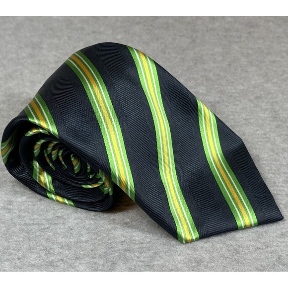 Mario Masotti Neck Tie Black 100% Silk Acid Green Repp Stripe - Picture 1 of 7